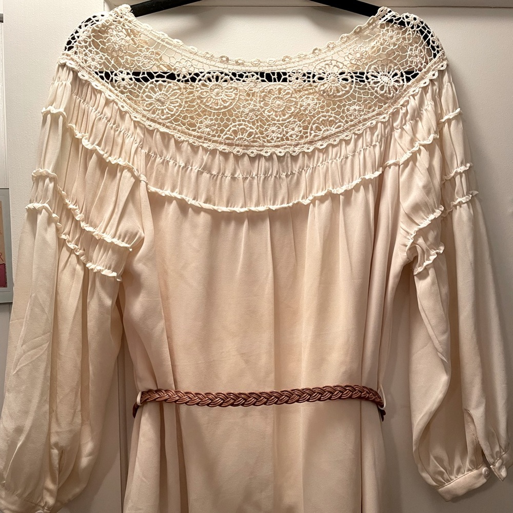 Bohemian crochet neck line dress with brown braided belt Forever 21
